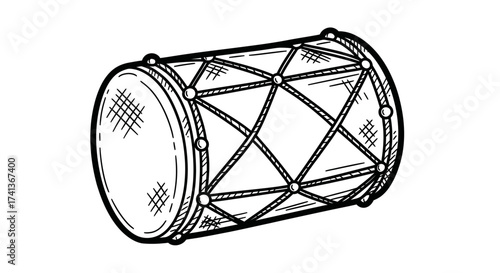 Hand-drawn illustration of a traditional cylindrical drum with intricate lacing.