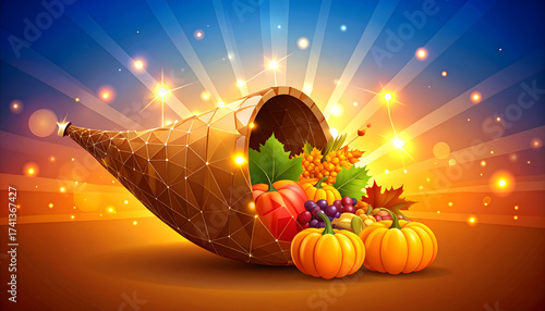 A glowing cornucopia, the horn of plenty, overflows with a bountiful autumn harvest of fruits and vegetables.