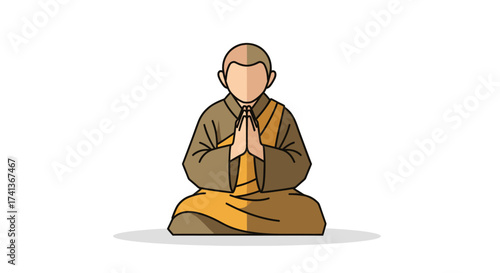 Cartoon Buddhist Monk Meditating with Hands in Prayer Gesture.