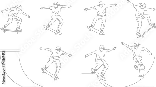 Skateboarders performing tricks a series of line art illustrations
