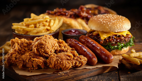 Hearty fast food feast with fried chicken, burgers, sausages and crispy French fries