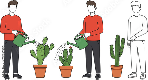 A man watering cacti in pots showing plant growth stages
