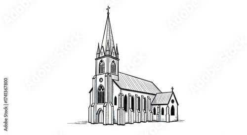 Detailed Black and White Architectural Sketch of a Church.