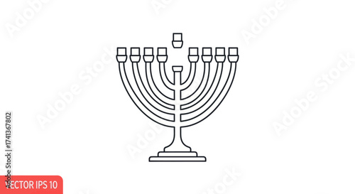 Simple Line Art Hanukkah Menorah Icon with Nine Branches.
