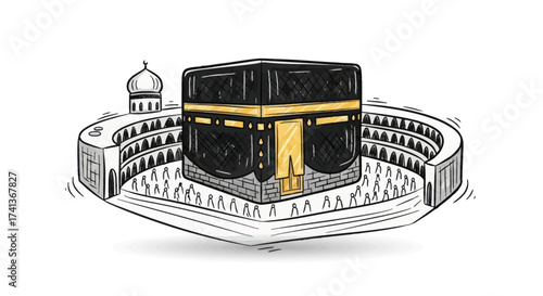 Illustrated Kaaba in Mecca with pilgrims sacred Islamic worship site.