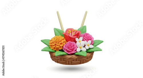 A charming miniature woven basket filled with a variety of colorful handmade flowers and incense sticks.