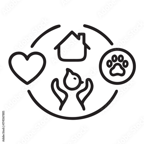 Symbolic representation of love home and pet care within a circle