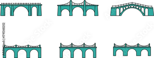 Collection of various teal colored bridge designs and architectural structures