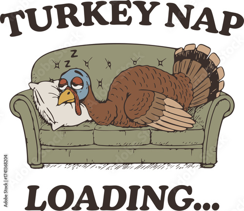 Turkey Nap Loading – Humorous Thanksgiving Illustration of Tired Turkey Sleeping on a Couch After Big Dinner, Perfect for Fall, Family, and Foodie Designs