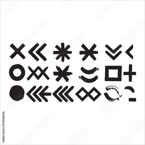 This image displays a collection of black, hand-drawn, abstract shapes and symbols arranged in a grid. The symbols vary, including crosses, chevrons, asterisks, circles, and a square. Some appear