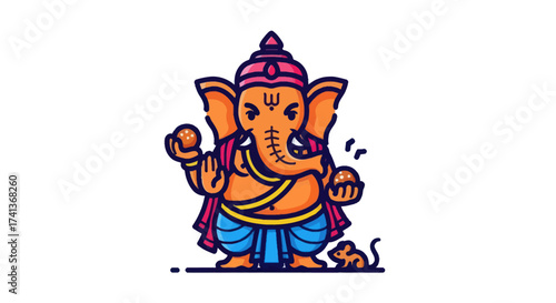 Adorable Cartoon Ganesha with Mouse Companion Hindu Deity Illustration.