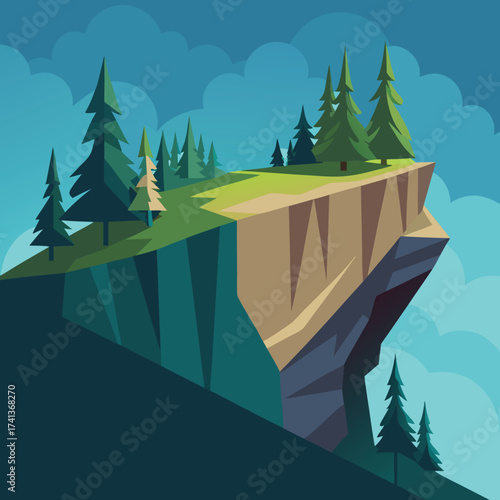 Stylized Cliff Edge with Pine Trees and Dramatic Sky precipice mountain