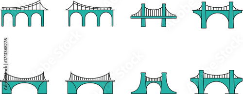 Various stylized teal bridge designs arranged in a grid pattern
