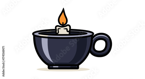 Candle Flame Burning in a Dark Blue Cup.