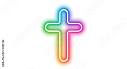 Colorful Neon Cross Symbol with Rainbow Gradient Outline.