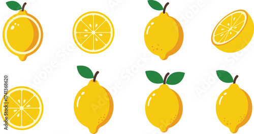 Illustrations of whole halved and sliced yellow lemons with green leaves