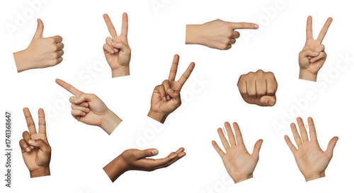 Cut-out hand gestures icons (varied skin tones) isolated on white background
