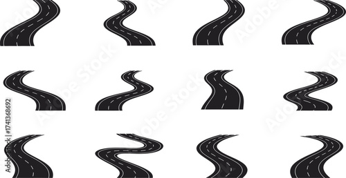 A collection of winding road segments shown in a simplistic black and white style