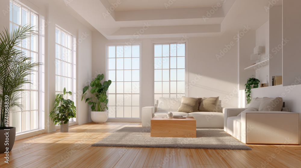 Fototapeta premium Modern Scandinavian living room with natural light through large windows, minimalistic cozy furniture and white walls, wooden floor with indoor plants, soft neutral tones and textures