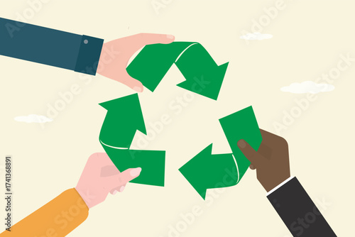 Various people hands connect parts of recycle concept. Reuse, arrow symbol, people team. Successful strategy. Recycling, zero waste, go green.