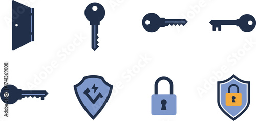 Keys doors locks and security shields in a flat graphic design