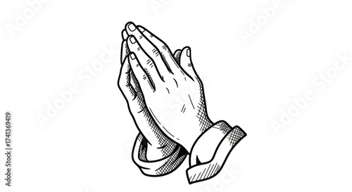 Detailed Engraved Praying Hands Illustration in Black and White.