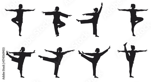 Silhouettes of people demonstrating different martial arts and yoga poses