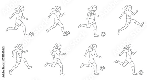 A sequence of line art illustrations depicting a female soccer player running
