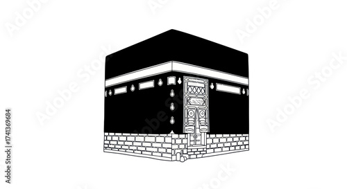 Illustrated depiction of the Kaaba a cuboid building in Mecca Saudi Arabia.