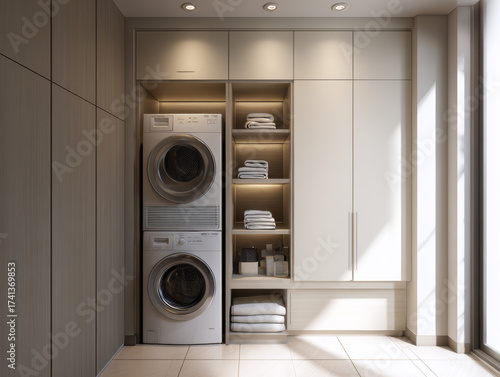 Modern compact laundry area with stacked washer and dryer in closet, functional apartment interior design with open shelves and storage, neutral color palette with minimalist aesthetic