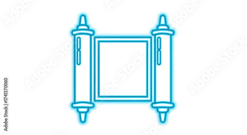 Blue Neon Torah Scroll Outline with Handles and Square Center.