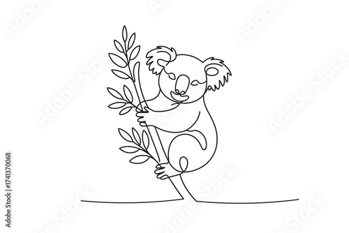  continuous line drawing of a cute koala clinging to a eucalyptus branch