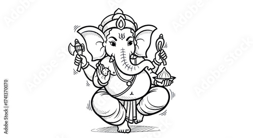 Black and white line art illustration of Hindu deity Ganesha the elephant-headed god.
