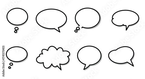 Collection of empty speech bubbles and thought balloons in black and white