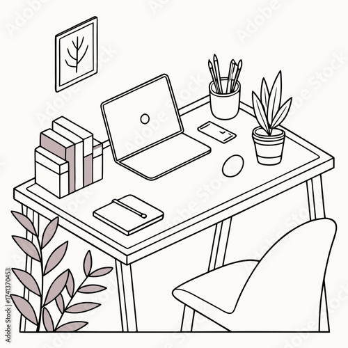 Minimalist workspace with laptop, books, and plant