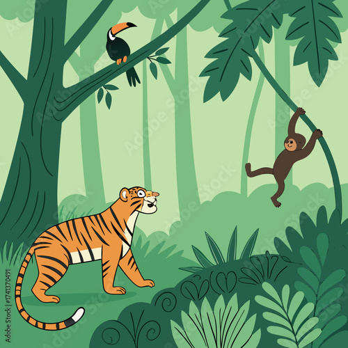 Lively jungle scene with tiger, monkey, and toucan in a lush forest