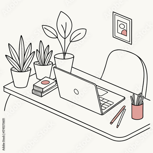 Illustration of a work desk with laptop, plants, and stationery items