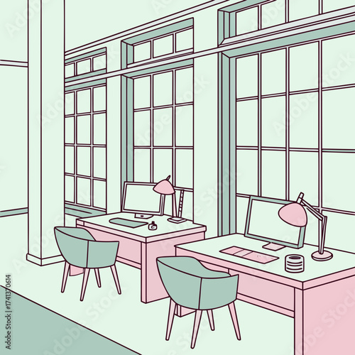 Illustration of a modern office space with desks and large windows