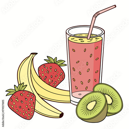 Illustration of a refreshing fruit smoothie with banana, strawberry, and kiwi