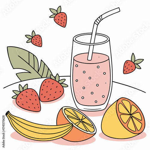 Illustration of a fruit smoothie with banana, strawberry, and orange