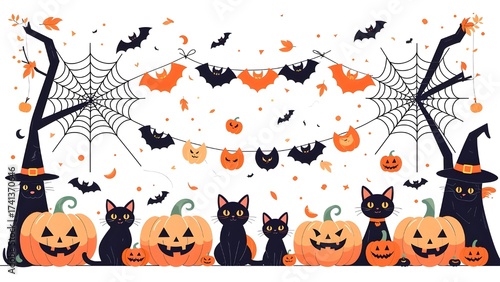 banner design cute and spooky theme includes pumpkins black cats bats
