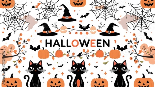 banner design cute and spooky theme includes pumpkins black cats bats