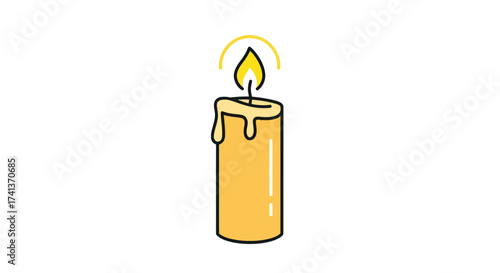 Cartoon Lit Candle with Dripping Wax and Glowing Flame.