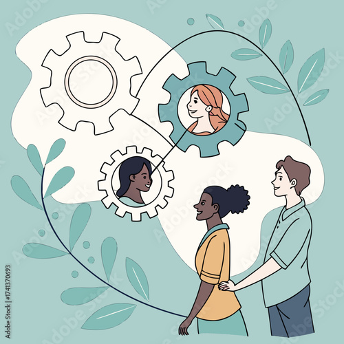 Diverse team collaborating with gears and support for professional growth