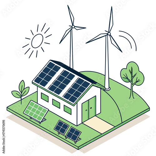 Ecofriendly house with solar panels and wind turbines
