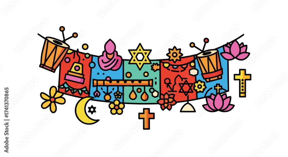 Fototapeta premium Colorful festive banner celebrating religious diversity with symbols of Christianity Judaism Islam and Hinduism.
