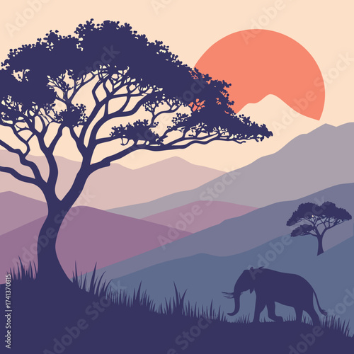 African savanna landscape with elephant and acacia tree at sunset or sunrise