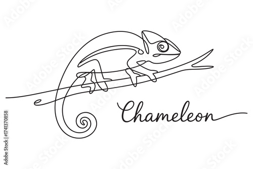 Continuous line drawing of a chameleon perched on a branch