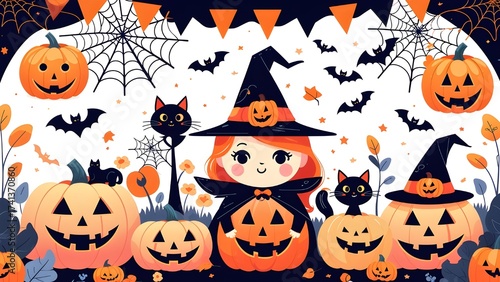 banner design cute and spooky theme includes pumpkins black cats bats