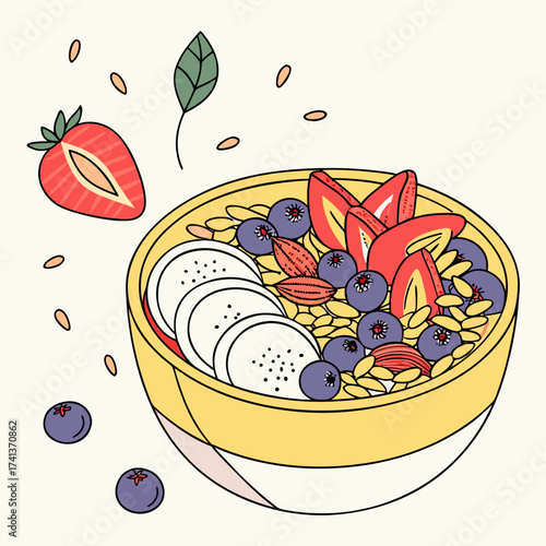A vibrant bowl of fruit and granola